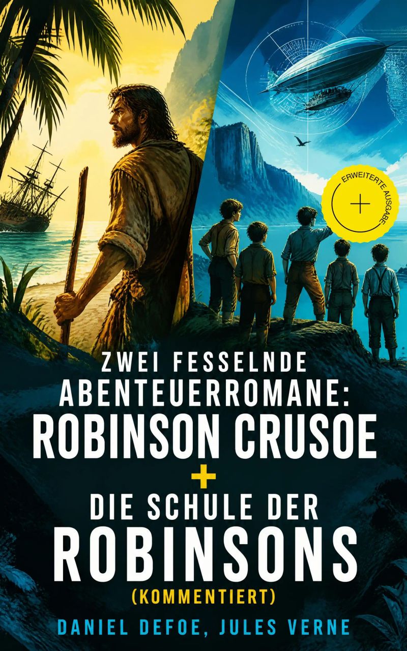 Zwei fesselnde Abenteuerromane: Robinson Crusoe + Die Schule der Robinsons (Kommentiert)