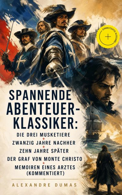 Spannende Abenteuer-Klassiker: Die drei Musketiere + Zwanzig Jahre nachher + Zehn Jahre später + Der Graf von Monte Christo + Memoiren eines Arztes (Kommentiert)